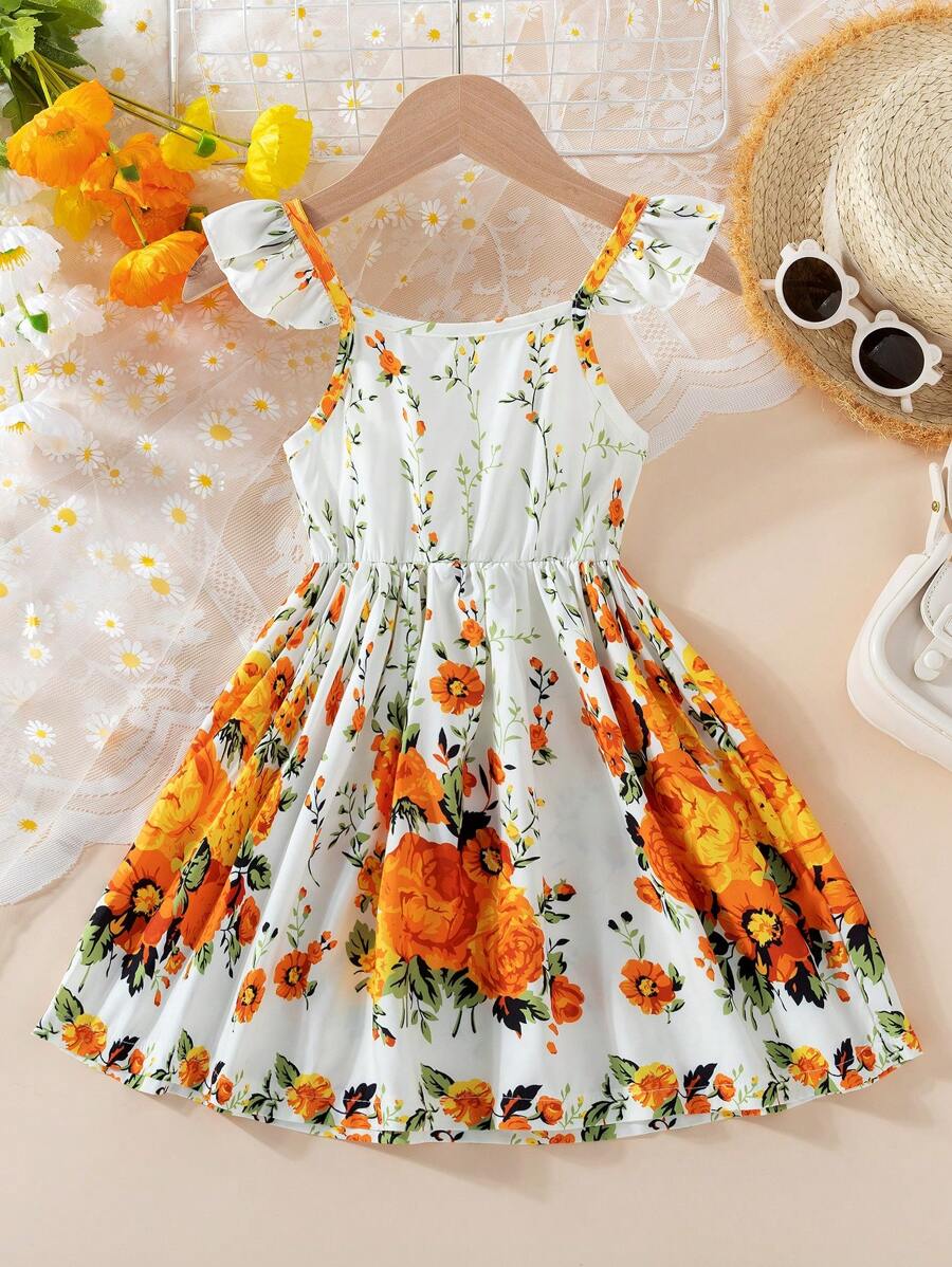 Young Girl Ditsy Floral Cap Sleeve Dress, Fashionable Princess Dress - Yellow - View 1