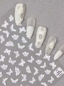 1 片浮雕/3D 浮雕蝴蝶美甲贴纸，黑色和白色，按压式指甲专用，贝壳极光蝴蝶结美甲贴纸，适合女士和女孩 DIY 使用 - 白色 - 查看 12