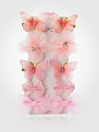 10pcs Girls' Pink Mesh Double-Layer Simulated Butterfly Flower Bowknot Princess Hairpin Hair Clip Hair Accessories For Baby Daily Use