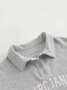 MARC&JANIE 2pcs Young Girl Campus Style Quick-Dry Contrast-Color Letter Polo Collar Short Sleeve T-Shirt And Skirt Set, Summer - Grey - View 4