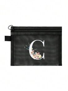 1个黑色网眼袋，雏菊图案，可定制字母A-Z，透明网眼化妆品收纳袋，多功能旅行便携袋，护肤品和化妆品收纳袋，学生文具袋，网眼拉链袋，旅行化妆品包装收纳袋，简约时尚，适合珠宝收纳、住宿、旅行、商务、游泳和家居收纳。 - 黑色 - 查看 14