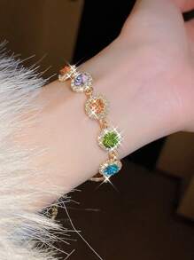 1入組閃亮圓形鑲嵌鑽石手鏈，鋅合金珠寶，優雅豪華風格，適用於女士婚禮手鏈 - 金色 - 查看 6