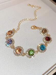 1入組閃亮圓形鑲嵌鑽石手鏈，鋅合金珠寶，優雅豪華風格，適用於女士婚禮手鏈 - 金色 - 查看 4