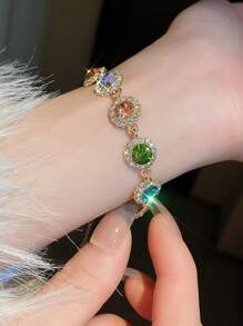 1入組閃亮圓形鑲嵌鑽石手鏈，鋅合金珠寶，優雅豪華風格，適用於女士婚禮手鏈 - 金色 - 查看 5