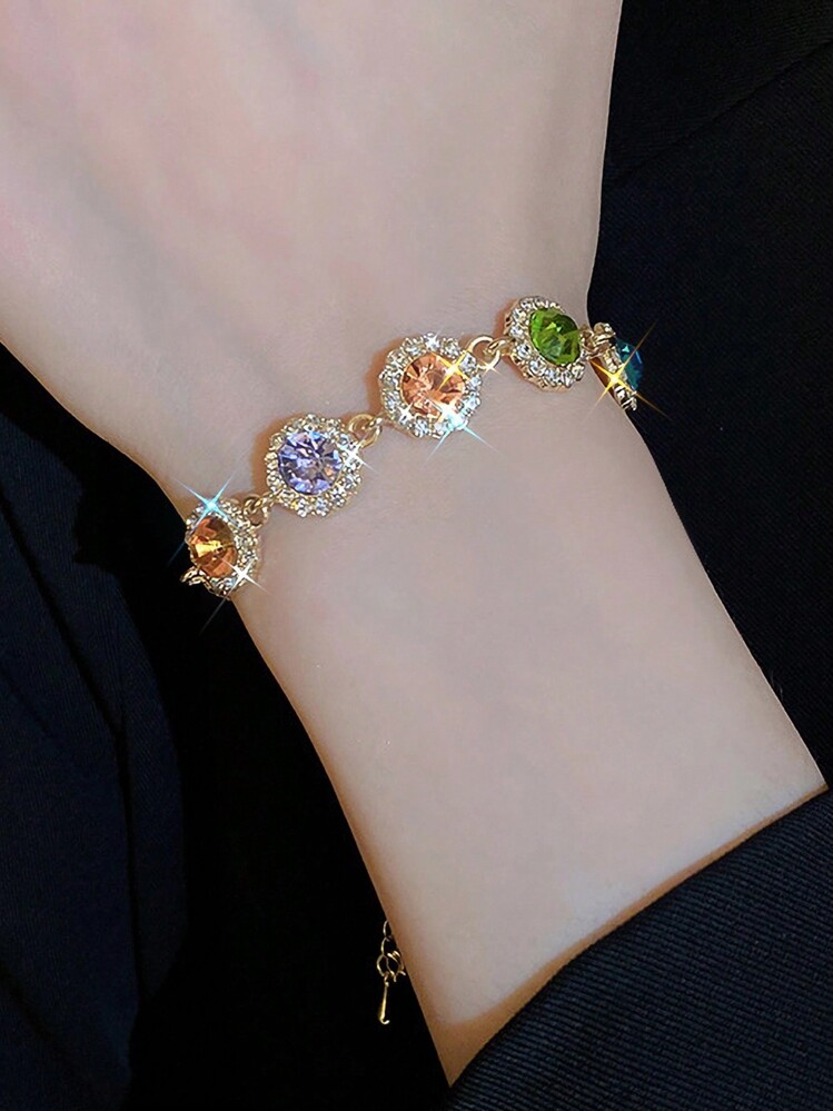 1入組閃亮圓形鑲嵌鑽石手鏈，鋅合金珠寶，優雅豪華風格，適用於女士婚禮手鏈 - 金色 - 查看 8