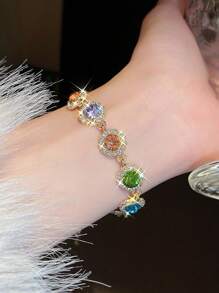 1入組閃亮圓形鑲嵌鑽石手鏈，鋅合金珠寶，優雅豪華風格，適用於女士婚禮手鏈 - 金色 - 查看 3