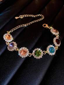 1入組閃亮圓形鑲嵌鑽石手鏈，鋅合金珠寶，優雅豪華風格，適用於女士婚禮手鏈 - 金色 - 查看 2