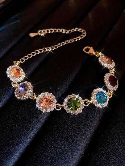 1入組閃亮圓形鑲嵌鑽石手鏈，鋅合金珠寶，優雅豪華風格，適用於女士婚禮手鏈