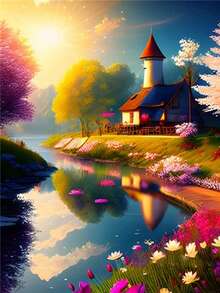 陽光下的河流5D鑽石畫套件 - 全鑽鑽石畫適用於成年人或初學者，鑽石藝術工藝適用於家居牆壁裝飾，客廳 - 彩色 - 查看 9