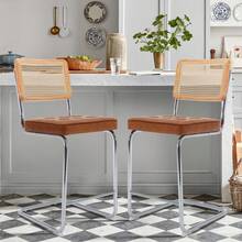 2入組中世紀現代風吧凳，24吋人造革藤條吧椅，堅固金屬框架，適用於廚房、酒吧、客廳、臥室 - 棕色 - 查看 1