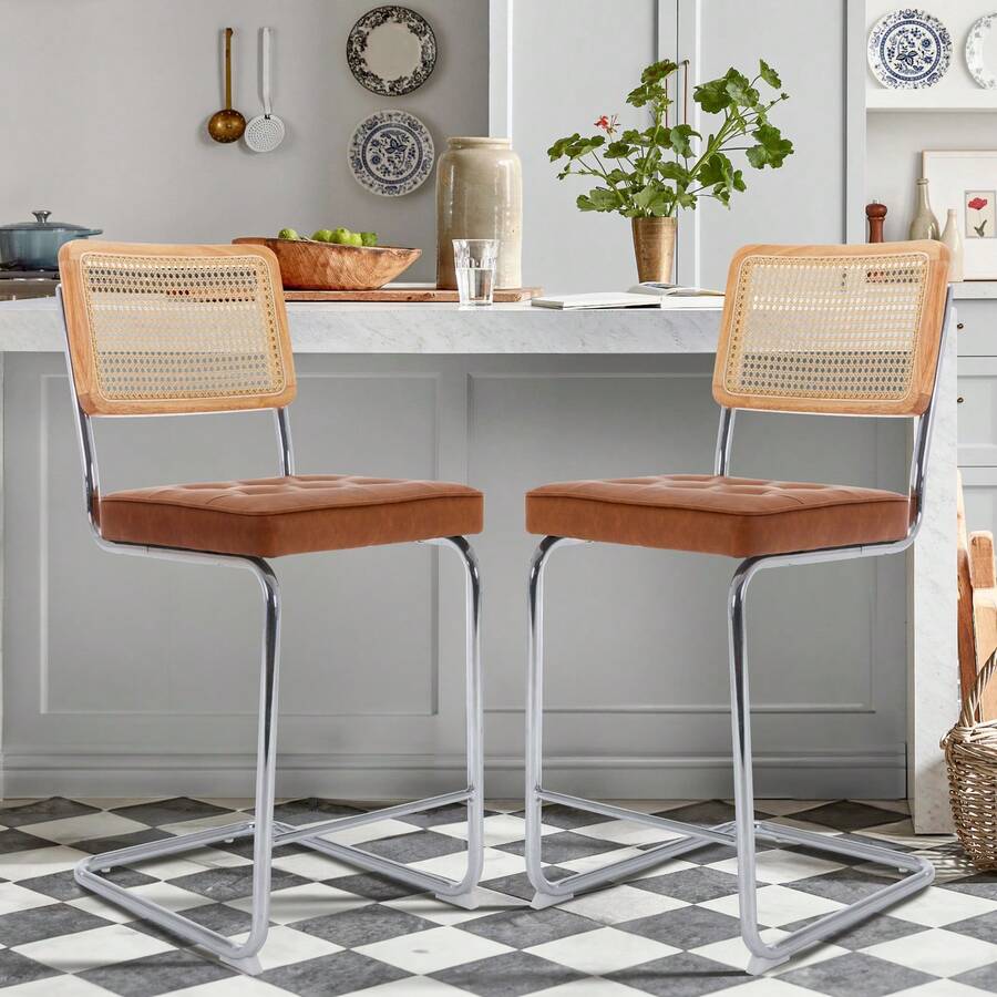 2入組中世紀現代風吧凳，24吋人造革藤條吧椅，堅固金屬框架，適用於廚房、酒吧、客廳、臥室 - 棕色 - 查看 1