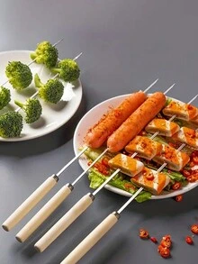 10入組不銹鋼燒烤木柄烤肉針，商用烤肉針適用於羊肉和其他肉類，BBQ燒烤工具，野餐，露營，花園，庭院，戶外，花園裝飾，戶外裝飾。 - 銀色 - 查看 2