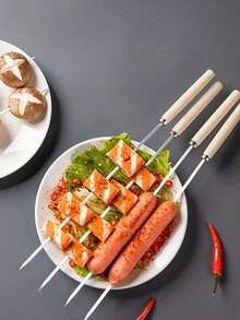 10入組不銹鋼燒烤木柄烤肉針，商用烤肉針適用於羊肉和其他肉類，BBQ燒烤工具，野餐，露營，花園，庭院，戶外，花園裝飾，戶外裝飾。 - 銀色 - 查看 3