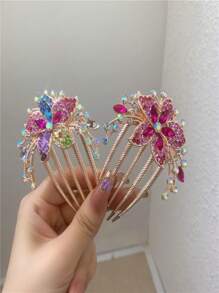 1 pieza Pinza de pelo decorativa con flor de piedras preciosas colorida y elegante, pasador de pelo de estilo chino de moda para mujeres - Multicolor - Ver 5