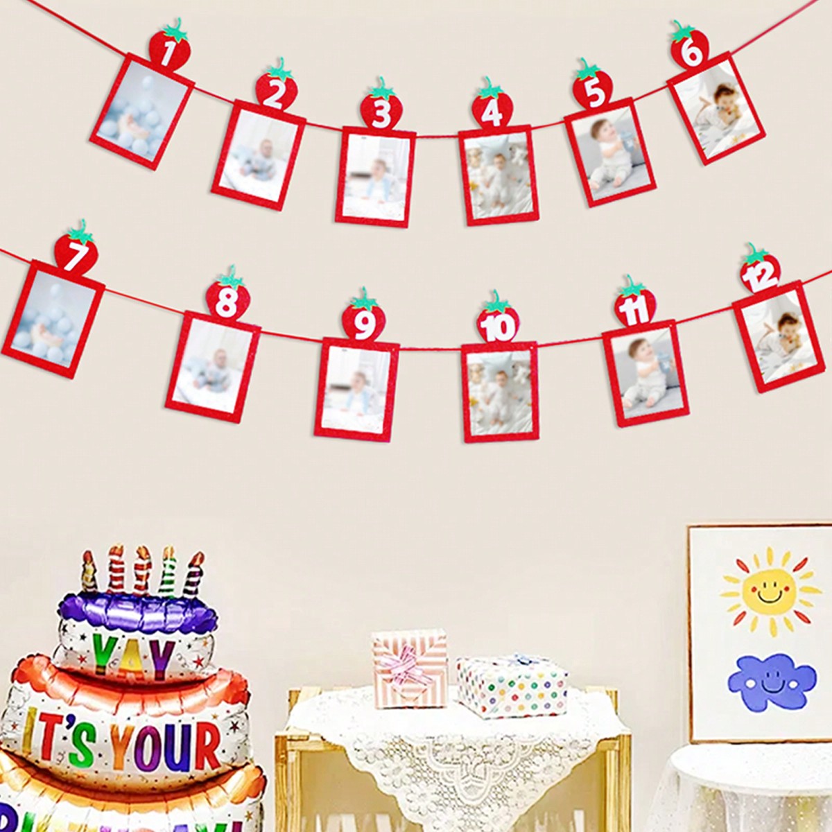 1 piÃ¨ce Fournitures de fÃªte d'anniversaire Ã thÃ¨me de fraise pour le 1er anniversaire, banniÃ¨re de cadre photo des Ã©tapes mensuelles, banniÃ¨re