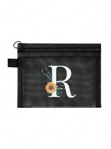 1个黑色网眼袋，雏菊图案，可定制字母A-Z，透明网眼化妆品收纳袋，多功能旅行便携袋，护肤品和化妆品收纳袋，学生文具袋，网眼拉链袋，旅行化妆品包装收纳袋，简约时尚，适合珠宝收纳、住宿、旅行、商务、游泳和家居收纳。 - 黑色 - 查看 25