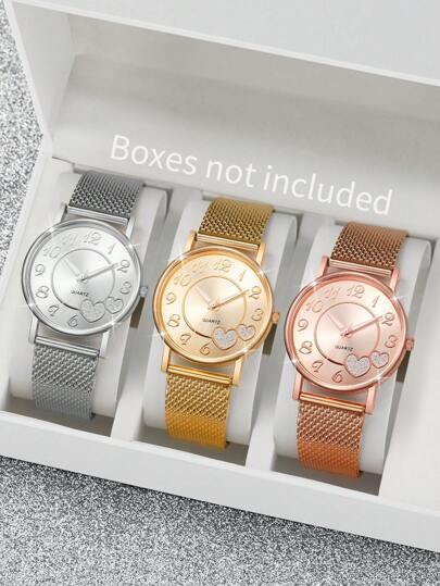 3 sztuk/zestaw damski plastikowy pasek z siateczki modny prosty cyfrowy zegarek kwarcowy z tarczą w kształcie serca jako prezent dla uczniów wracających do szkoły