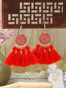 TopHanqi Bohemian Vacation Style Gold Round Alloy, Oil Painting Solid Color Textile Travel Earrings Set. Simple, Personalized And Fashionable, Suitable For Women's Daily Life, Work, Live Stream, Travel, Street Snap, Beach Wear. Can Be Matched In Spring, Summer, Autumn And Winter. Versatile And Universally Flattering. - Multicolor - View 6
