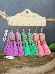 TopHanqi Bohemian Vacation Style Gold Round Alloy, Oil Painting Solid Color Textile Travel Earrings Set. Simple, Personalized And Fashionable, Suitable For Women's Daily Life, Work, Live Stream, Travel, Street Snap, Beach Wear. Can Be Matched In Spring, Summer, Autumn And Winter. Versatile And Universally Flattering. - Multicolor - View 11