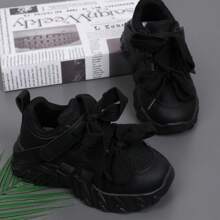 儿童春季时尚厚底运动鞋，网眼设计和蝴蝶结细节，透气轻便防滑户外休闲运动鞋，适合宝宝 - 黑色 - 查看 11