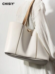 2pcs Handmade Large French Vintage Patchwork Metal Decor Strap Faux Leather Simple Tote Bag, Fashion Business Large Capacity Women Commuter Bag, Casual Elegant Date Shoulder Bag, Suitable For Office Lady, Shopping, Travel, All Seasons Valentine's Day - 白色 - 查看 1
