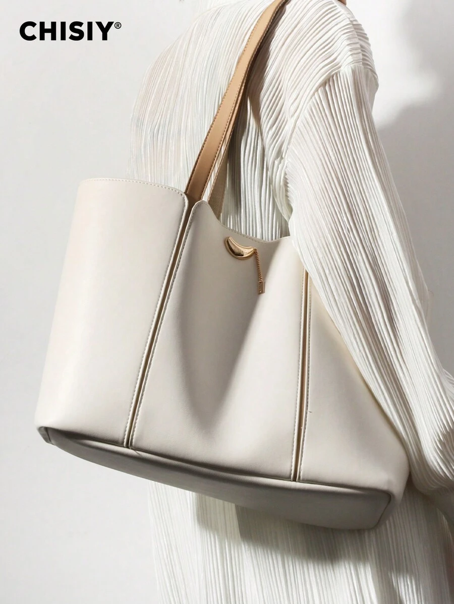 2pcs Handmade Large French Vintage Patchwork Metal Decor Strap Faux Leather Simple Tote Bag, Fashion Business Large Capacity Women Commuter Bag, Casual Elegant Date Shoulder Bag, Suitable For Office Lady, Shopping, Travel, All Seasons Valentine's Day - 白色 - 查看 1