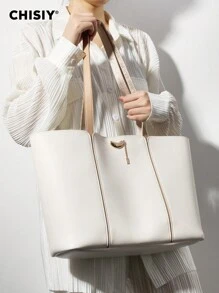 2pcs Handmade Large French Vintage Patchwork Metal Decor Strap Faux Leather Simple Tote Bag, Fashion Business Large Capacity Women Commuter Bag, Casual Elegant Date Shoulder Bag, Suitable For Office Lady, Shopping, Travel, All Seasons Valentine's Day - 白色 - 查看 3