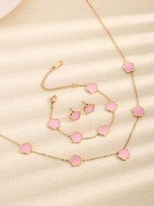 4 件装全新不锈钢植物珠和珍珠母五瓣花耳环手链项链首饰套装情人节、妈妈、母亲、母亲节、礼物 - 粉色 - 查看 17