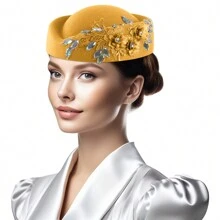 Vintage Knitted Felt Pillbox Rhinestone Hat Women's  Derby Veil Flower Fedora