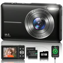 Nicamery 2025 Model 44MP Digital Camera, Auto Focus For Photography, 16X Digital Zoom 1080P FHD Vlogging Video Recorder, Compact Travel Camera With 32GB Memory Card, 2 Batteries And Battery Charger (No Adapter)