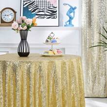 1pc Gold Sequin Glitter Table Cloth, Circular Glistening Draping Table Cloth Suitable For Wedding, Party, Cake Table, Holiday Events