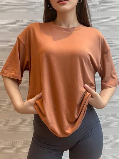 Big Shoulder Short SleeTop-Shirt Drop Pure Colour Black Summer Relaxed Leisure Basic T Shirt