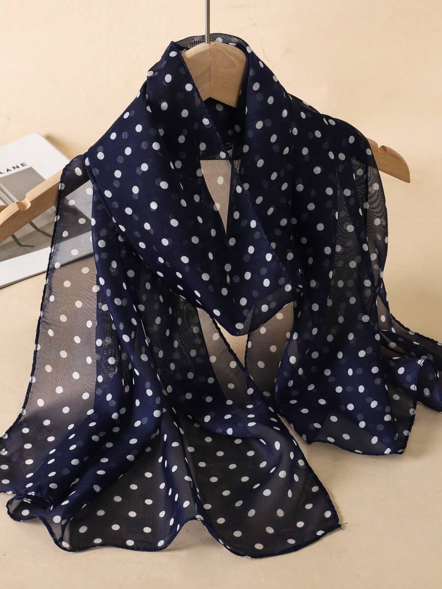 1入女性優雅經典的波點印花雪紡圍巾，透氣輕盈頭巾/披肩，適合休閒穿著和防曬頭巾、髮箍、頭帶，非常適合打扮你的造型 - 藏蓝色 - 查看 1