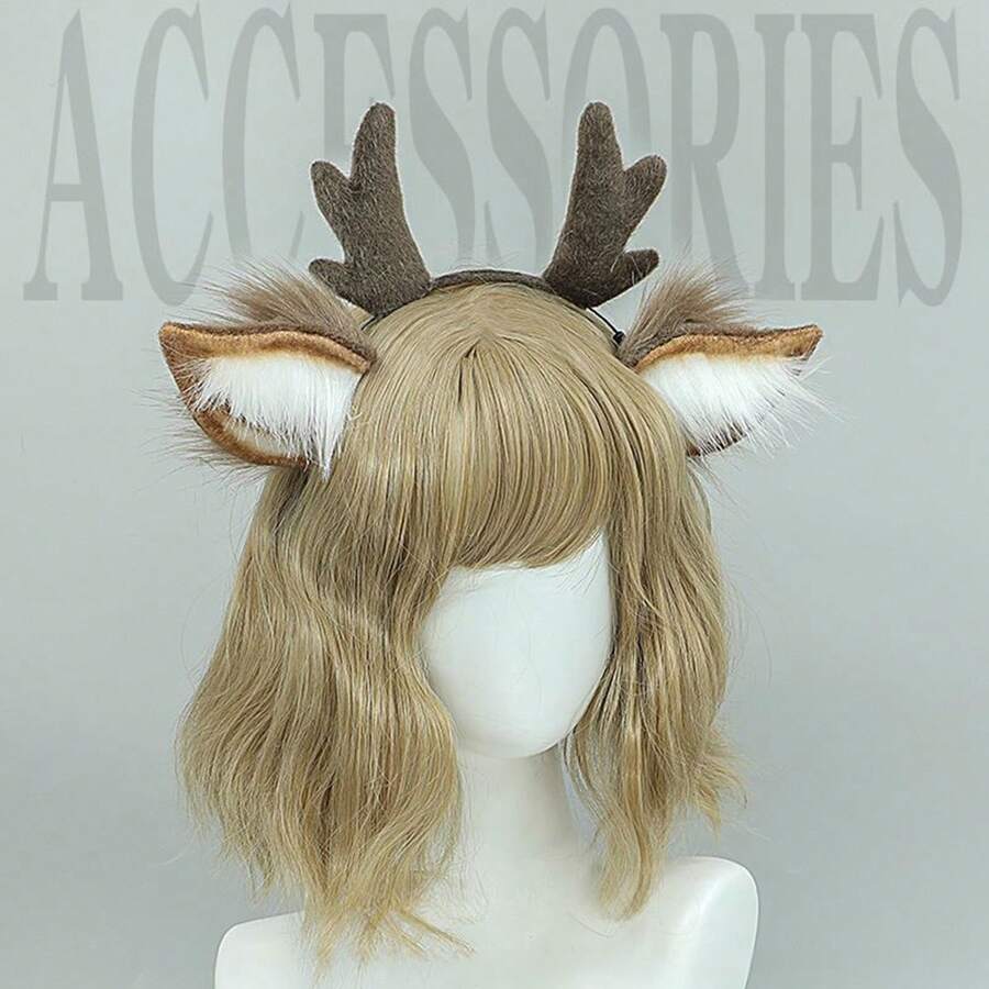 Christmas Antler Headband Cute Plush Deer Ears Hairband Cosplay Accessories Props Handmade Artificial Animal Ears Headwear Reindeer Ears Halloween