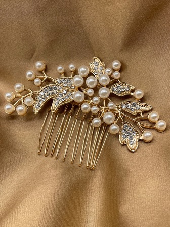 1pc Fashionable Gold-Toned Rhinestone & Faux Pearl Bridal Crown Hair Comb Suitable For Women's Daily Use Combs For Hair Side Comb, School Stuff, Pearl Hair Accessories, Wedding, Bridesmaids Gifts, Looks Of Party, Head Accessories