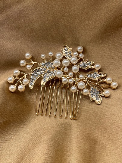 1pc Fashionable Gold-Toned Rhinestone & Faux Pearl Bridal Crown Hair Comb Suitable For Women's Daily Use Combs For Hair Side Comb, School Stuff, Pearl Hair Accessories, Wedding, Bridesmaids Gifts, Looks Of Party