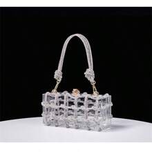 1pc Solid Color Acrylic Transparent Clutch Bag With Sparkling Crystal Woven Ropes Handle, Party Handbag - Silver - View 3