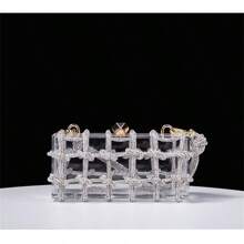 1pc Solid Color Acrylic Transparent Clutch Bag With Sparkling Crystal Woven Ropes Handle, Party Handbag - Silver - View 5