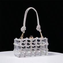 1pc Solid Color Acrylic Transparent Clutch Bag With Sparkling Crystal Woven Ropes Handle, Party Handbag - Silver - View 7
