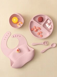PopLittleOne 5PCS Baby Silicone Tableware Sets Adjustable Bib Suction Plate Bowl Soft Spoon Fork Non-Slip Food Storage Feeding Training Dinner Set - Pink - View 4