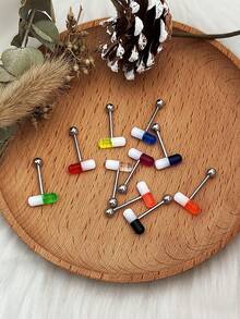 10入組膠囊形狀壓克力不銹鋼舌環，具有雙色效果，低敏，適合女孩日常活動及節日佩戴 - 彩色 - 查看 4