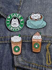 4入組創意咖啡主題徽章套裝，包括咖啡杯，貓，動物形狀的金屬徽章，適合男女日常佩戴 - 貓咪 - 查看 3