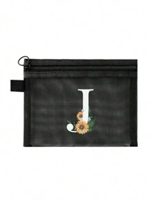 1个黑色网眼袋，雏菊图案，可定制字母A-Z，透明网眼化妆品收纳袋，多功能旅行便携袋，护肤品和化妆品收纳袋，学生文具袋，网眼拉链袋，旅行化妆品包装收纳袋，简约时尚，适合珠宝收纳、住宿、旅行、商务、游泳和家居收纳。 - 黑色 - 查看 31