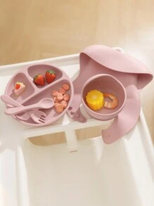 PopLittleOne 5PCS Baby Silicone Tableware Sets Adjustable Bib Suction Plate Bowl Soft Spoon Fork Non-Slip Food Storage Feeding Training Dinner Set - Pink - View 6