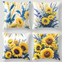 4 Stücke/Set gelbe Blumen blaue Blattmuster Multi-Größen Kissenbezüge, waschbar für Innen- und Außendekoration, Schlafzimmer, Sofa- und Sesselbezüge, Frühlings- und Sommermuttertags-Hochzeits-Geburtstagsfeier-Zubehör, Festival-Digital Muster-mode-einfache Bürodekoration kissenbezug, Textil dekorative auto geschenke bedruckte dekorative kissen werfen, bettkopfkissen, sofa kissenbezug für zuhause & büro, auto kopfstütze kissenbezug
