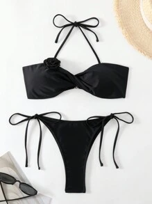 New Style Floral Solid Color Two-Piece Bikini Set With Spaghetti Strap Spaghetti Strap Top For Hot Springs Vacation Summer - Black - View 1