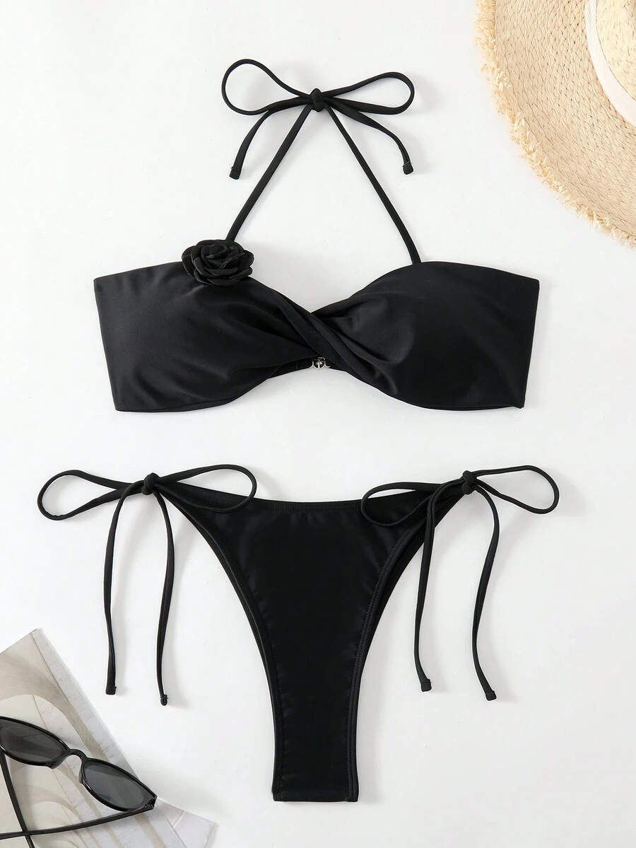 New Style Floral Solid Color Two-Piece Bikini Set With Spaghetti Strap Spaghetti Strap Top For Hot Springs Vacation Summer - Black - View 1