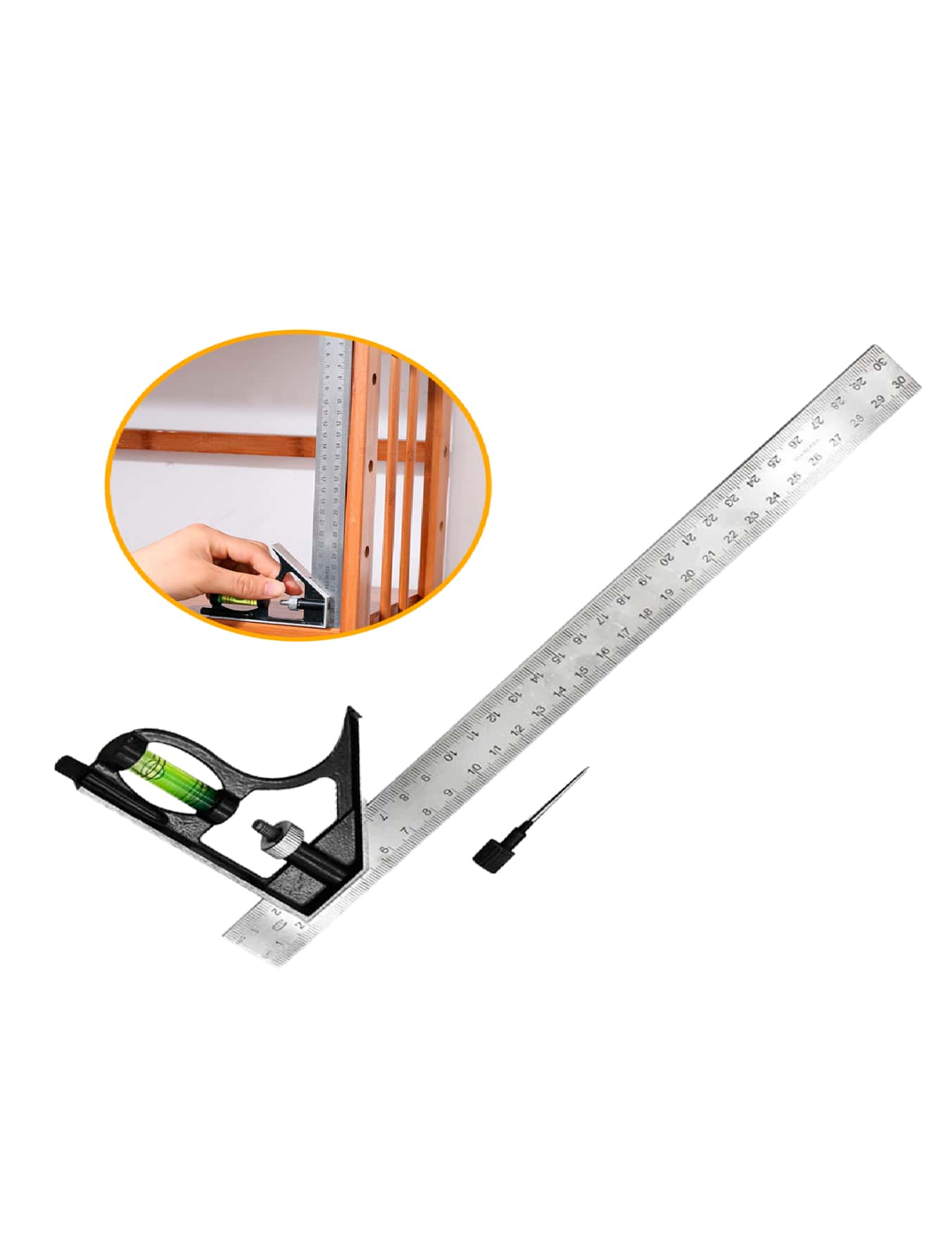 Esquadro Combinado ajustável Inox Nível em Bolha e Régua de 30cm 12 Polegadas Riscador Profissional Carpinteiro Pedreiro