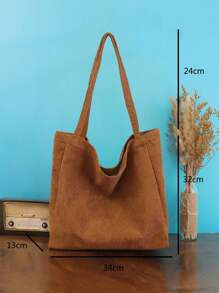 纯色灯芯绒休闲超大容量托特包，新款秋冬女包，最佳秋季钱包，完美搭配秋季服装，女士秋季服装 - 棕色 - 查看 3