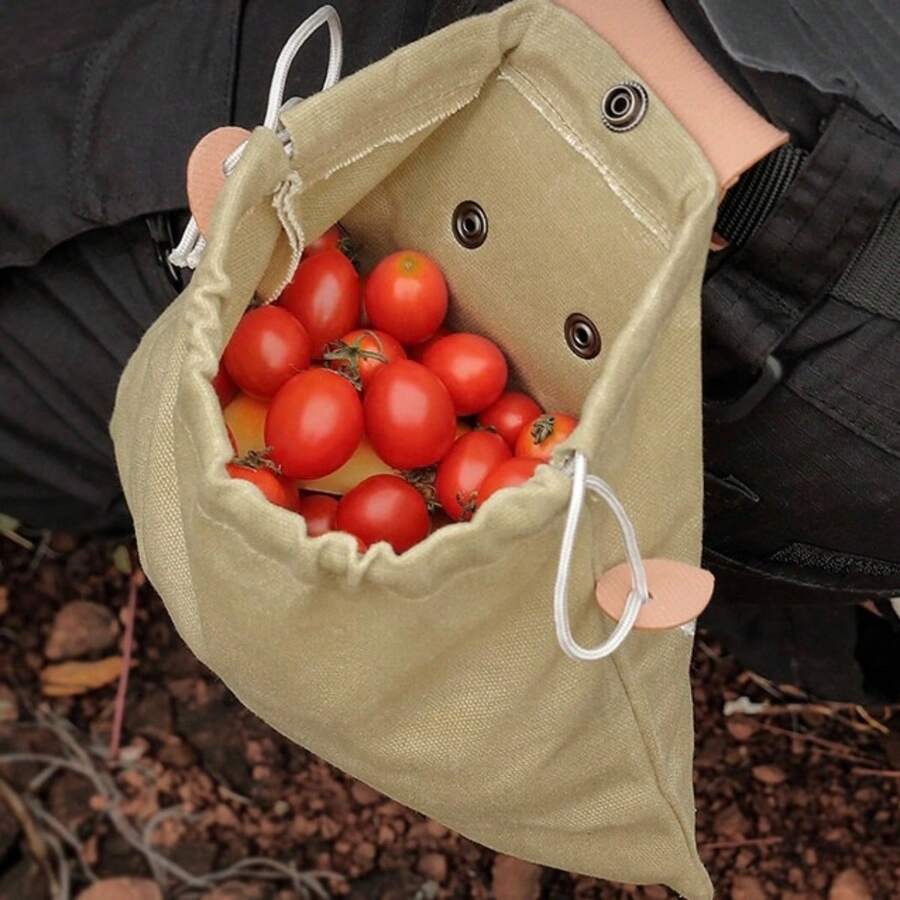 戶外尋找食物收割果子腰袋/拉繩袋，帶可摺疊帆布工具袋，野營用品 - 卡其色 - 查看 1